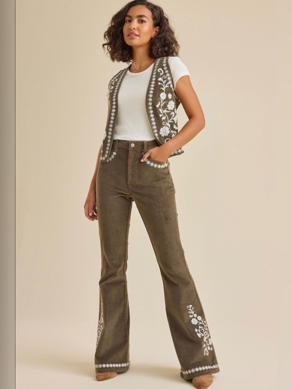 Altar'd State Olive Green Embroidered Corduroy Flare Pants
